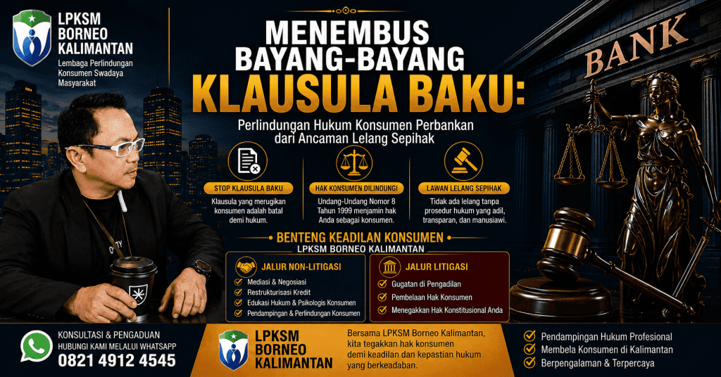 Banner edukasi LPKSM Borneo Kalimantan tentang perlindungan hukum konsumen perbankan terhadap klausula baku dan ancaman lelang sepihak.