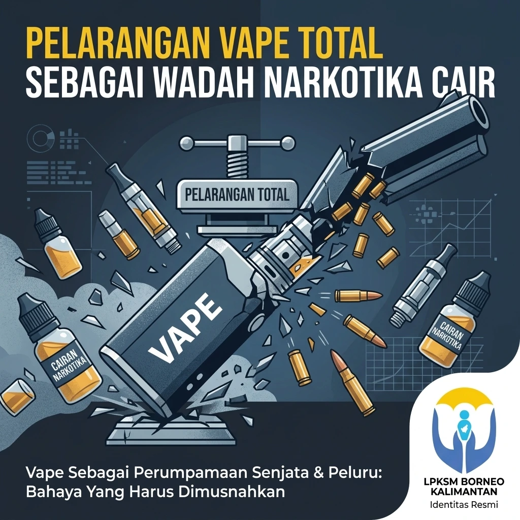 Ilustrasi pelarangan total vape sebagai wadah narkotika cair dengan perumpamaan senjata api dan peluru oleh LPKSM Borneo Kalimantan.